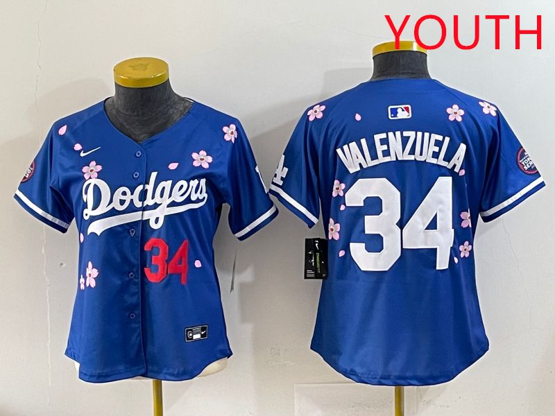 Youth Los Angeles Dodgers 34 Valenzuela Blue Sakura Edition 2025 Nike MLB Jersey style 34